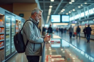 Voyageur examinant un paquet de cigarettes dans une boutique duty-free d'un aéroport international