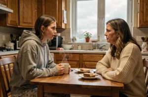 Adolescente discutant calmement avec sa mère à la table du petit-déjeuner pour expliquer pourquoi elle ne veut pas aller en cours