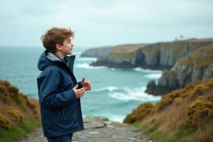 Adolescent en veste imperméable sur les falaises granitiques de la côte bretonne regardant l'océan Atlantique