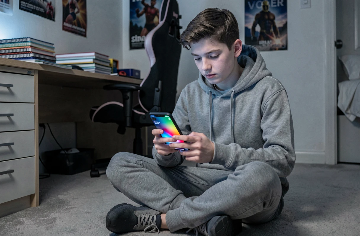 Adolescent consultant son score Snapchat sur smartphone la nuit dans sa chambre