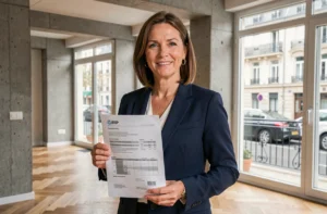 Agente immobilière tenant un document ERP diagnostique dans un appartement moderne en France