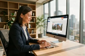 Agent immobilier explorant les rubriques d'un site immobilier sur un écran d'ordinateur dans un bureau moderne