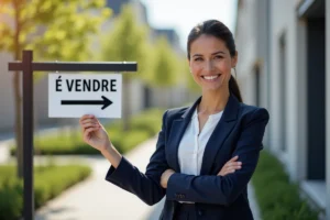 Agent immobilière professionnelle devant un immeuble résidentiel moderne avec panneau À Vendre, illustrant les services d'un site immo partenaire comme Immo Franchise