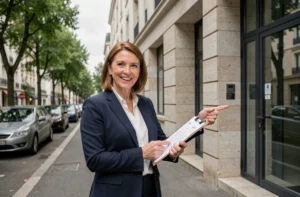 Agent immobilière de proximité présentant un immeuble résidentiel moderne dans un quartier urbain français