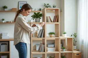 Femme aménageant des étagères modulables dans un salon moderne et bien organisé