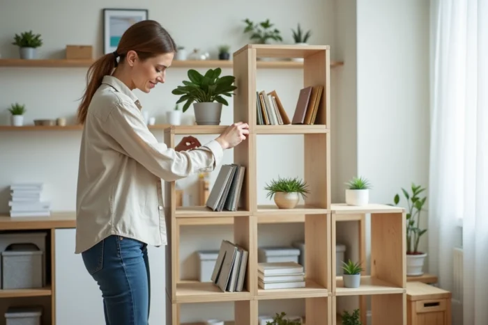 Femme aménageant des étagères modulables dans un salon moderne et bien organisé