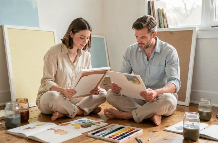 Deux amis peignant à l'aquarelle ensemble dans un appartement lumineux, entourés de carnets de croquis et de palettes de couleurs