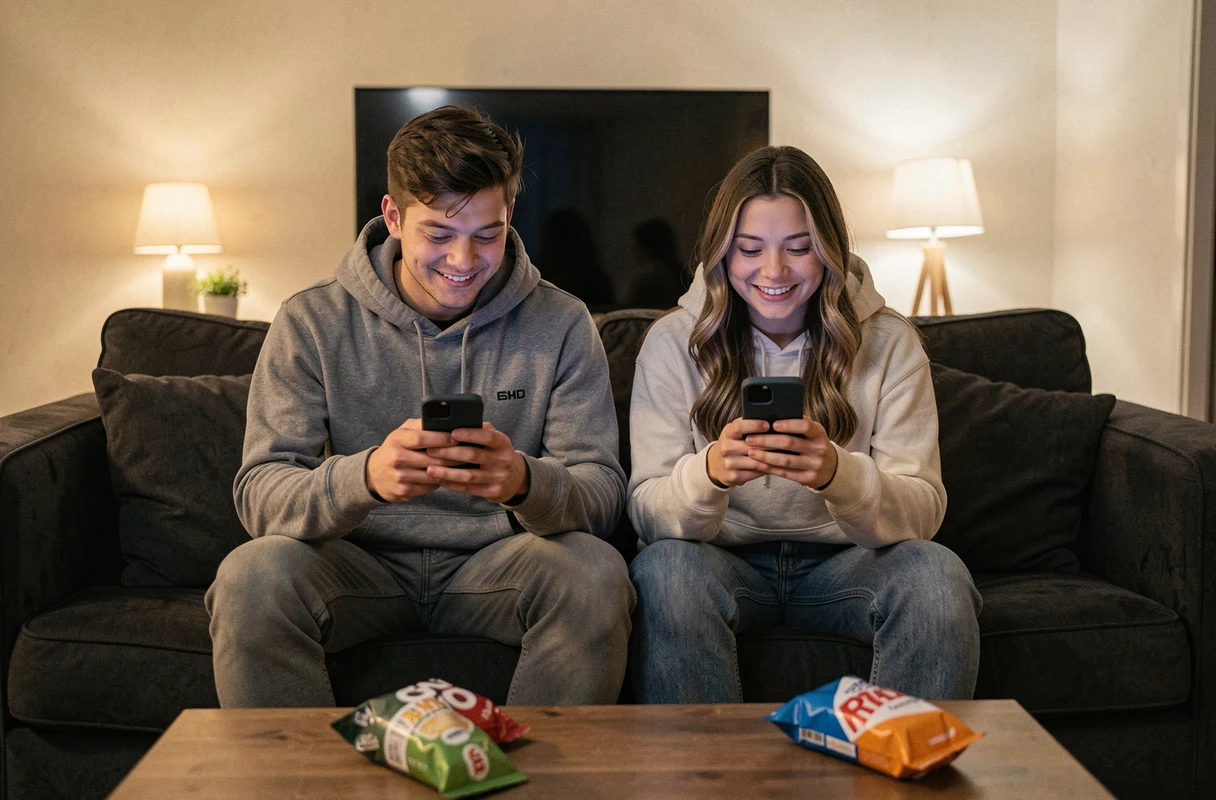 Deux amis vérifiant leur score Snapchat ensemble la nuit sur le canapé