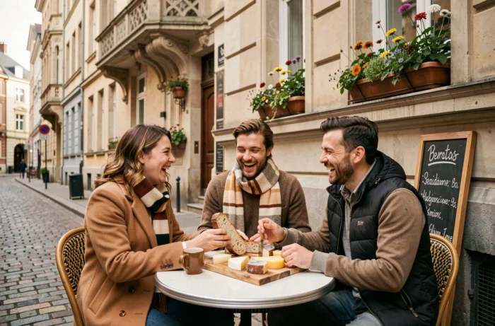 Groupe d'amis profitant d'un moment ensoleillé en terrasse dans une rue pavée typique de Bruxelles en automne