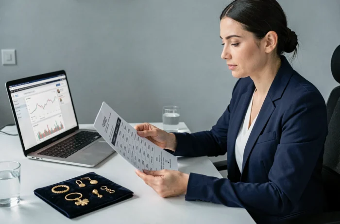 Femme analysant le prix du gramme d'or 9 carats avec des bijoux en or posés sur un plateau en velours noir