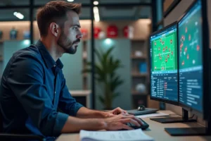 Analyste sportif étudiant les statistiques de l'AS Monaco sur un tableau de bord numérique interactif dans un bureau professionnel