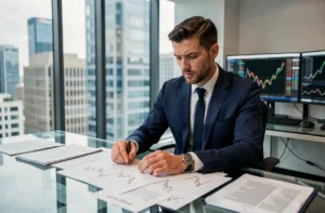 Analyste financier étudiant des graphiques boursiers dans un bureau moderne avec vue sur la ville