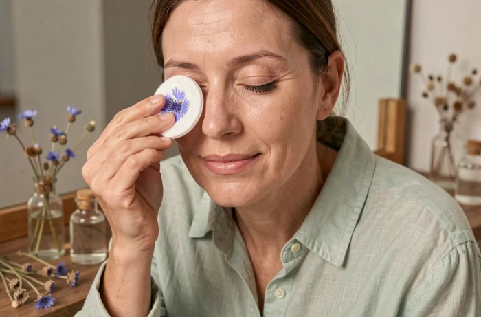 Gros plan d'une femme appliquant le démaquillant au bleuet Klorane sur ses yeux avec un coton