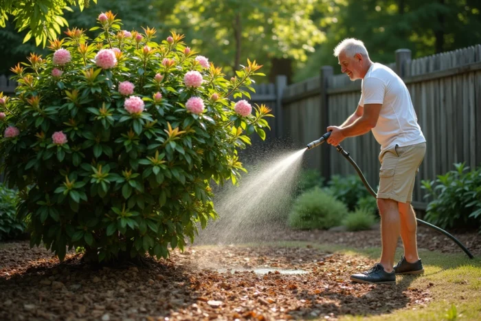 Homme arrosant un rhododendron avec du paillis protecteur dans un jardin ombragé en période de canicule
