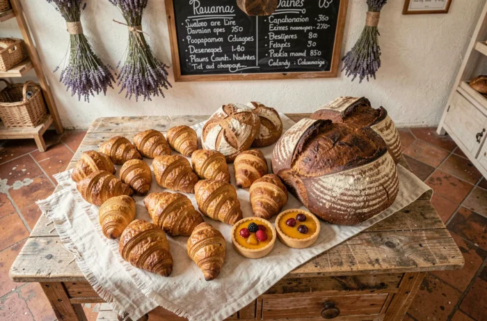 Assortiment de pains et viennoiseries artisanaux sur un comptoir en bois rustique dans une boulangerie de village française