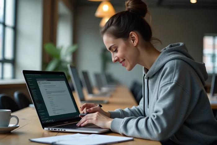 Femme prenant des notes sur les astuces d'optimisation de Vista dans un espace de coworking moderne