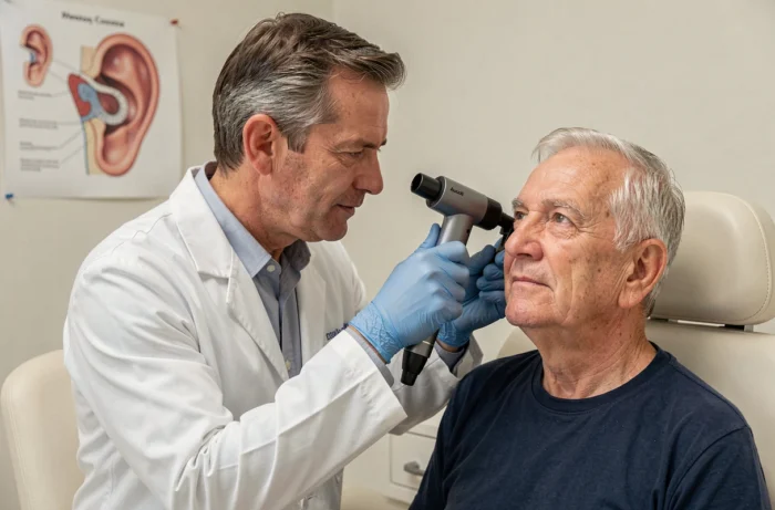 Audiologiste examinant le canal auditif d'un patient âgé lors d'une consultation médicale professionnelle