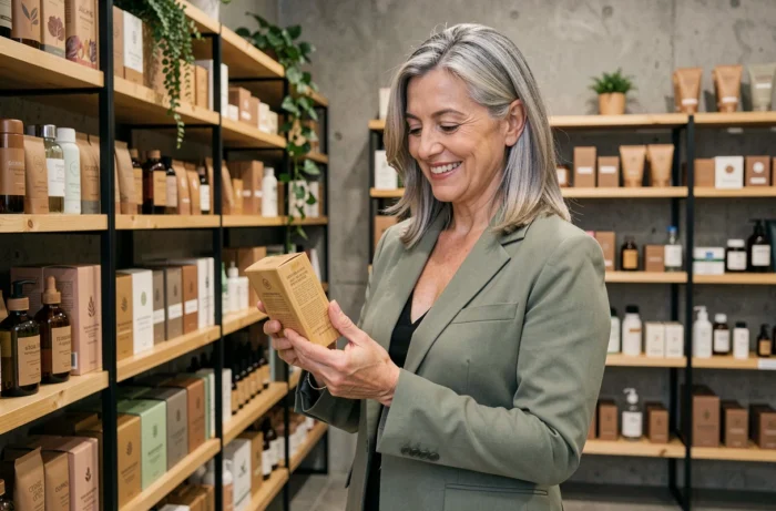 Femme mature examinant un kit de cosmétiques éco-responsables dans un concept store beauté moderne