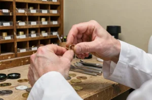 Bijoutier tenant une bague en or 9 carats sur un établi d'atelier, loupe de joaillier visible en arrière-plan