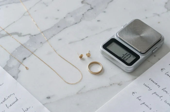 Bijoux en or 9 carats disposés sur un marbre blanc à côté d'une balance de précision affichant le poids en grammes