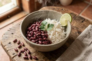 Bol de riz et haricots rouges servi dans une poterie rustique sur une table en bois