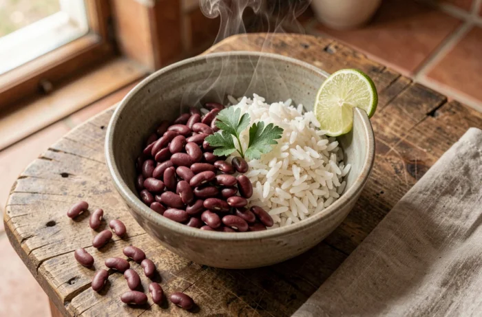 Bol de riz et haricots rouges servi dans une poterie rustique sur une table en bois