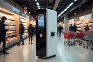 Borne photo en libre-service installée à l'entrée d'un hypermarché Leclerc avec interface tactile