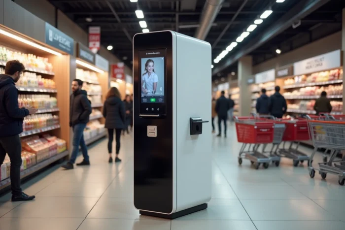 Borne photo en libre-service installée à l'entrée d'un hypermarché Leclerc avec interface tactile