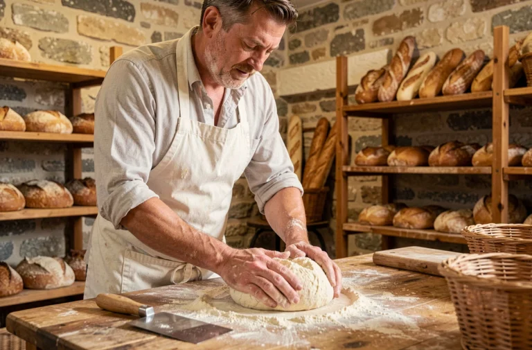 Boulanger artisan en tablier blanc façonnant une miche de pain au levain sur un plan de travail en bois dans une boulangerie traditionnelle