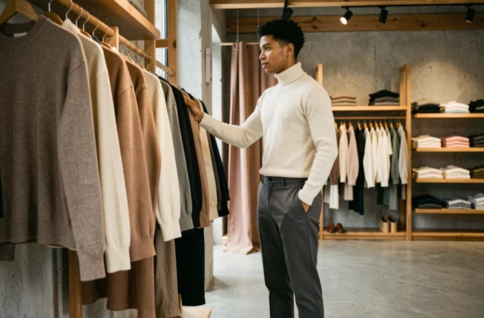 Personne non-binaire explorant des vêtements neutres dans une boutique de mode inclusive indépendante