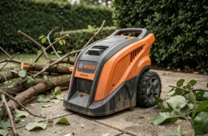 Broyeur de végétaux Bosch AXT 25 TC posé sur une terrasse en béton entouré de branches coupées
