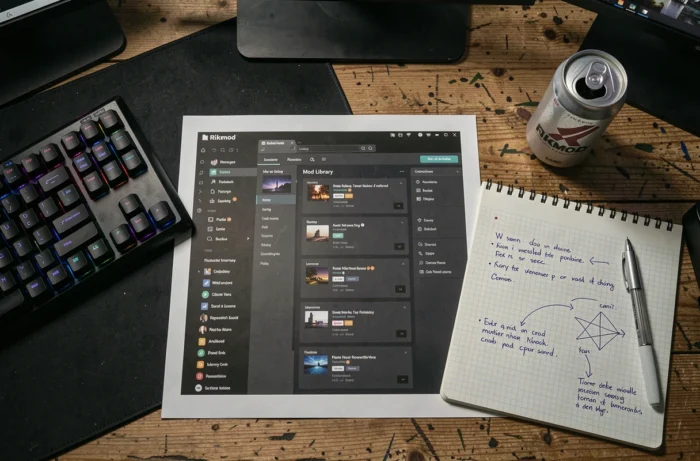 Vue aérienne d'un bureau de moddeur avec clavier mécanique, notes manuscrites et interface de la plateforme Rikmod imprimée