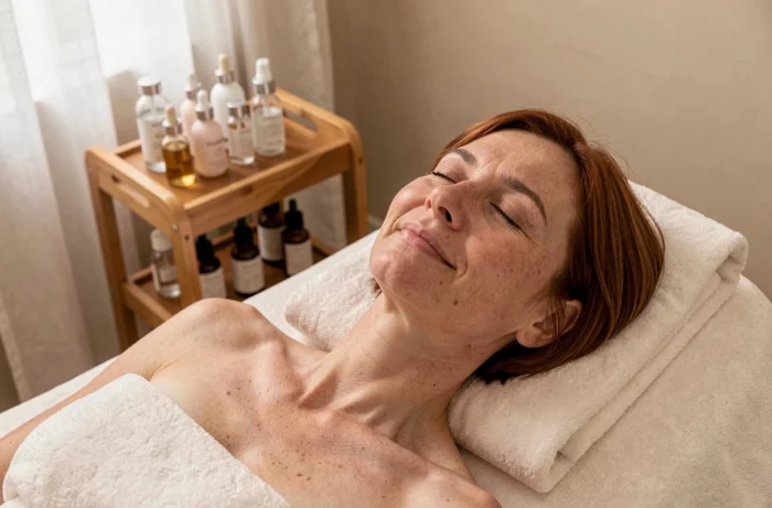 Femme détendue lors d'un soin facial dans une cabine de beauté apaisante
