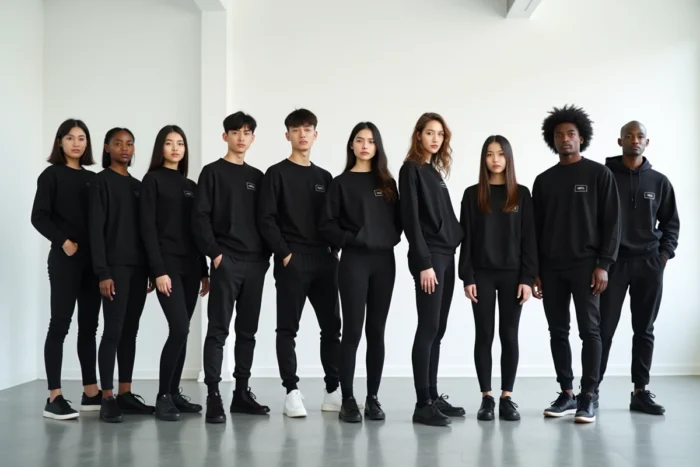 Casting de mode avec plusieurs mannequins hommes et femmes tenant des numéros dans un studio blanc