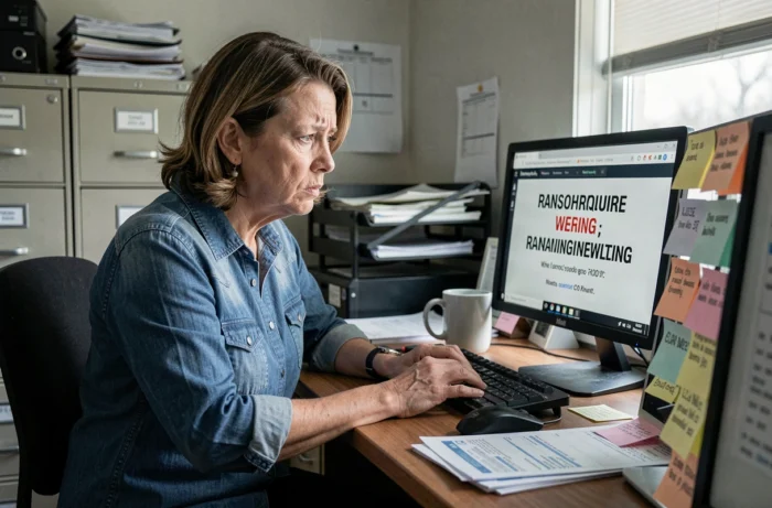 Cheffe d'une petite entreprise face à une alerte de cyberattaque sur son ordinateur, illustrant l'importance de l'assurance cyber risques