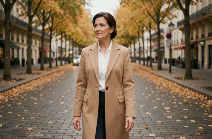Femme élégante marchant sur un boulevard parisien en automne, feuilles dorées au sol