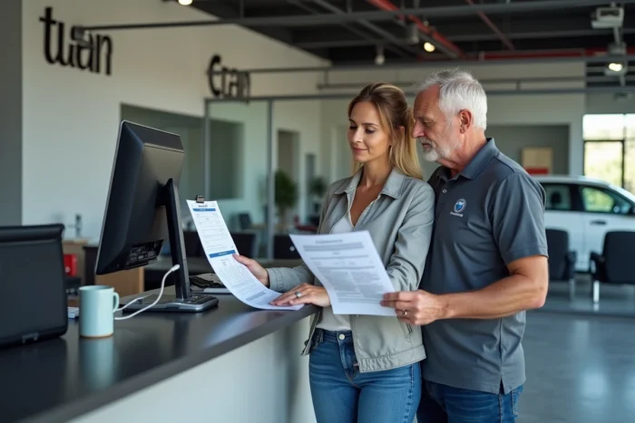 Cliente et conseiller technique discutant d'un devis de réparation automobile à l'accueil d'un garage moderne