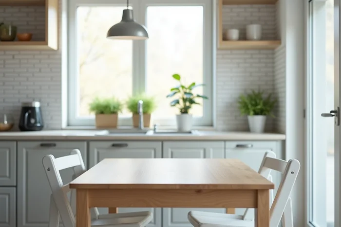 Coin repas compact avec table pliante et chaises empilables Homcom dans une cuisine canadienne moderne aux tons neutres