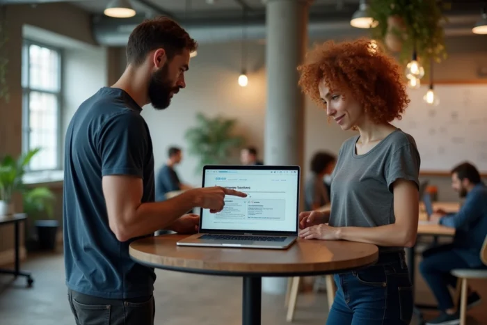 Deux passionnés de Linux et du web collaborant autour d'une documentation open-source dans un espace de coworking moderne