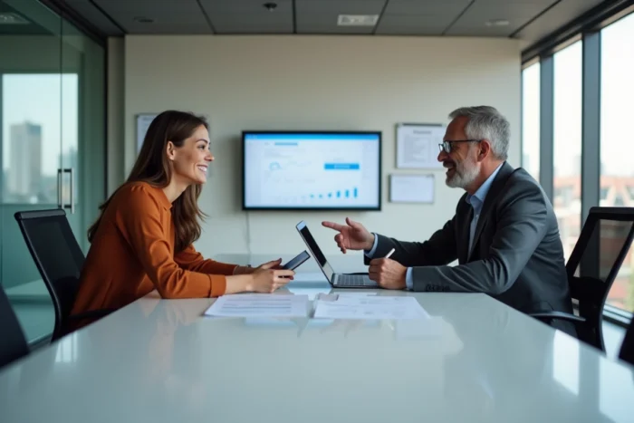 Deux collègues collaborant sur une plateforme administrative dédiée aux entreprises lors d'une réunion professionnelle