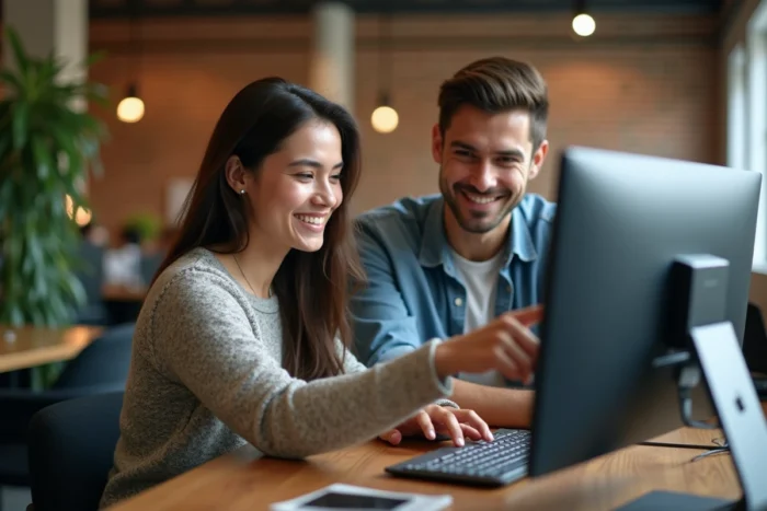 Deux collègues discutant des alternatives à Zone Annuaire devant un écran d'ordinateur dans un espace de coworking