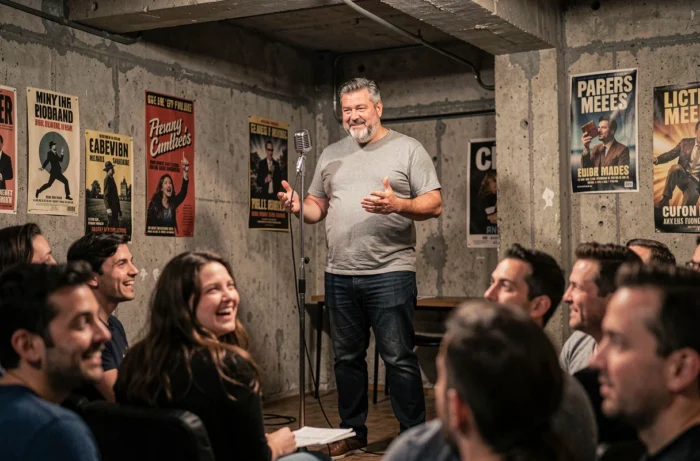 Comédien stand-up en pause réflexive sur scène dans un club de comédie underground, illustrant les nuances de l'humour noir