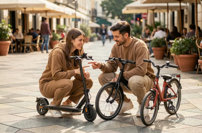 Deux amis comparant une trottinette électrique pliable et un vélo de ville sur une place piétonne ensoleillée