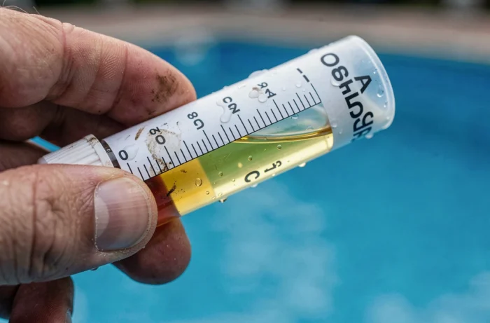 Gros plan sur un comparateur de test CYA piscine avec échelle de référence colorimétrique tenue à la main au bord de l'eau