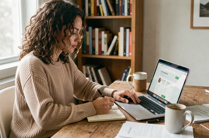 Une femme compare des offres de crédit en ligne depuis son bureau à domicile avec un ordinateur portable et des notes manuscrites