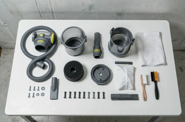 Vue à plat de tous les composants démontés d'un aspirateur Karcher WD4 organisés sur une table blanche d'atelier