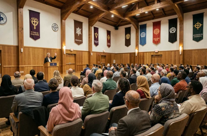 Vue d'ensemble d'une conférence interreligieuse dans une grande salle avec un public diversifié écoutant une intervenante