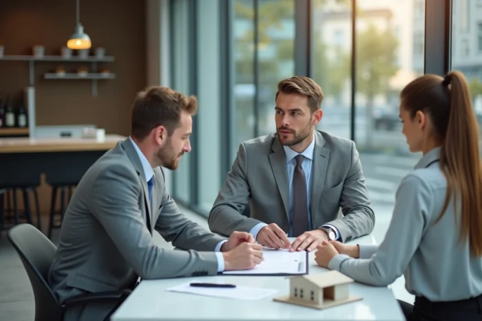 Conseiller immobilier et client signant un contrat dans une agence franchise moderne, illustrant la confiance et le professionnalisme d'un réseau immo partenaire