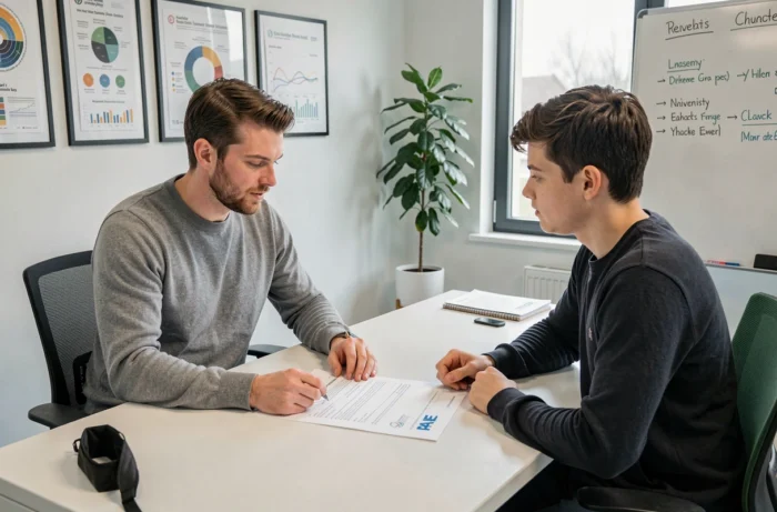 Conseiller pédagogique expliquant le PAE étudiant à un jeune homme dans un bureau universitaire