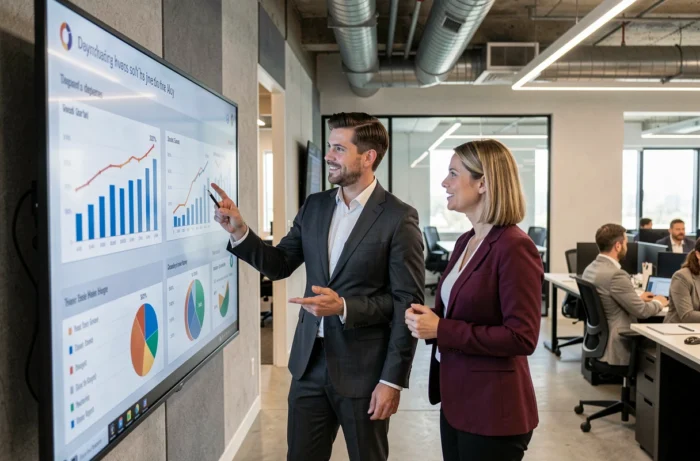 Deux conseillers financiers discutant d'une stratégie d'investissement devant un écran interactif dans un cabinet de conseil moderne